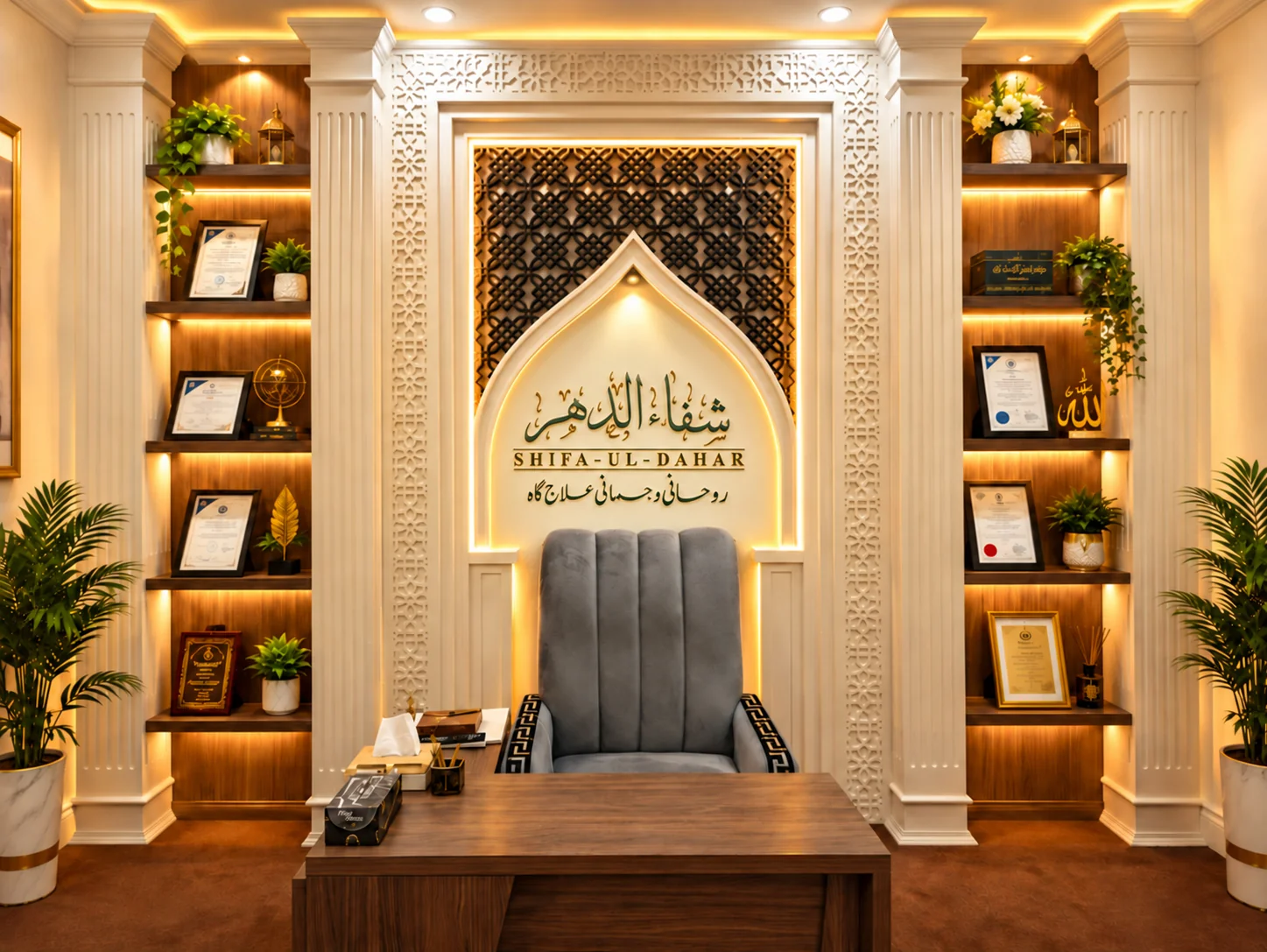 Shifa Ul-Dahar consultation office with Islamic arch and brand calligraphy